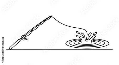 Minimalist line art illustration depicting a fishing rod casting into water with a dynamic splash