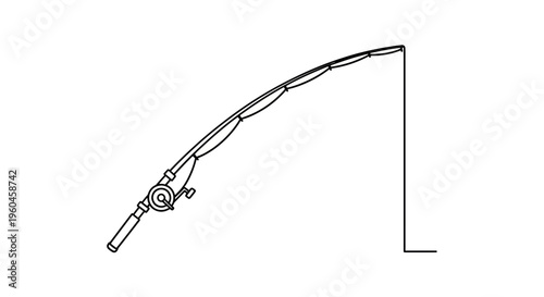 Minimalist line art illustration of a fishing rod with a reel and line, ideal for outdoor
