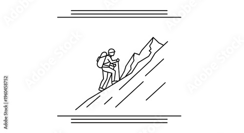 Minimalist line art depicting a solo hiker ascending a steep mountain path with gear