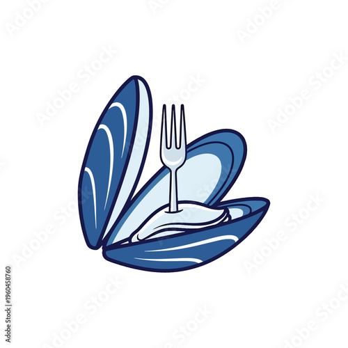 Vector illustration of a fresh blue mussel in an open shell with a fork, ready to eat seafood meal