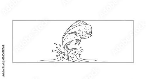 Dynamic line art illustration of a mahi-mahi fish leaping powerfully from the ocean surface