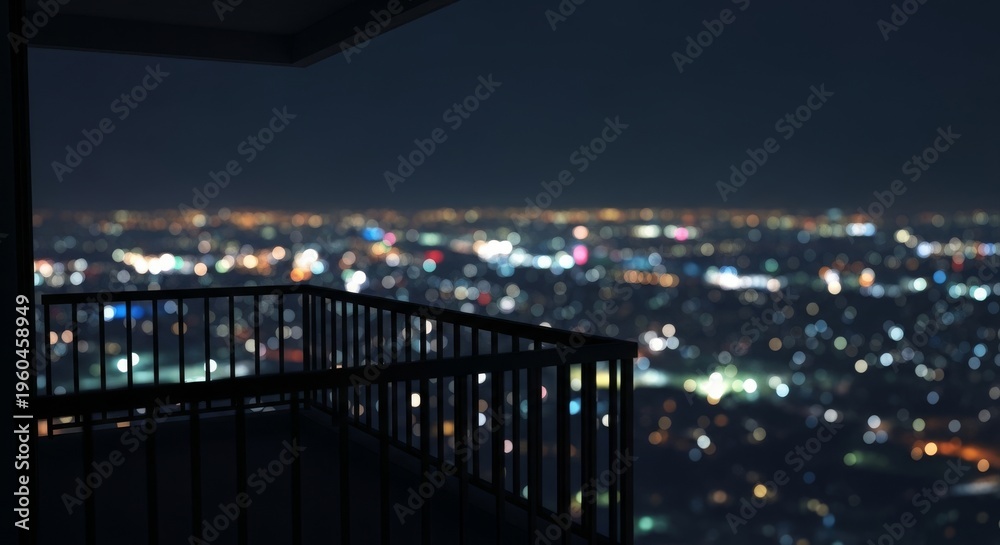 Obraz premium A dark balcony overlooks a sprawling metropolis at night, with glowing city lights and distant bokeh creating a somber, melancholic mood, scenic, apartment, background