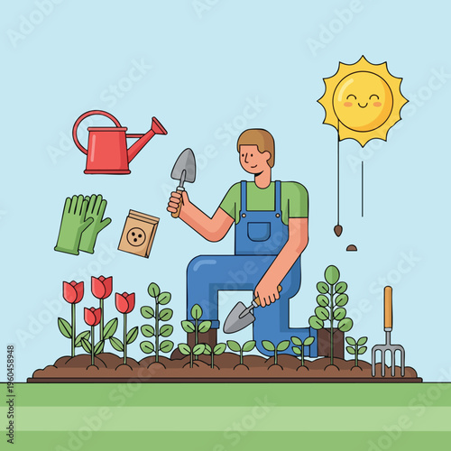 Gardener planting in soil with tools, seedlings, tulips, and sun