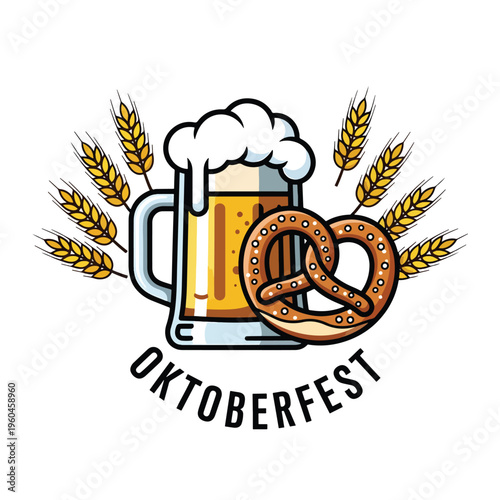 Lively vector illustration featuring a frothy beer mug, pretzel, and wheat for a festive gathering