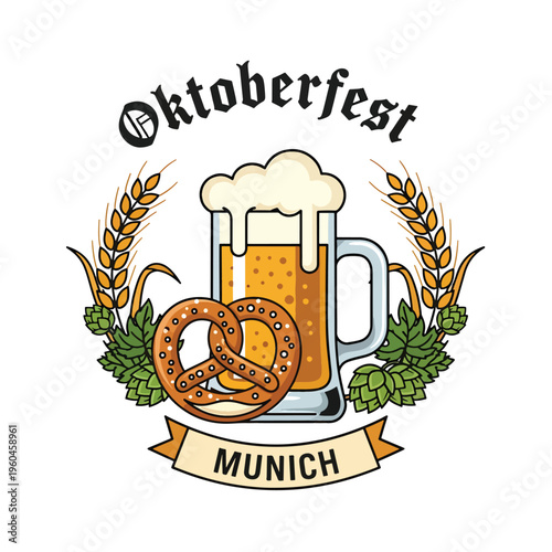 Traditional Bavarian Festival Emblem with Beer, Pretzel, Hops, and Wheat from Munich