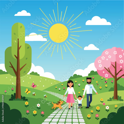 Family stroll with dog and child through a sunny, flower-filled park with trees