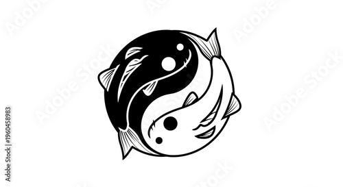 Black and white illustration of two koi fish forming a yin yang symbol on a plain white