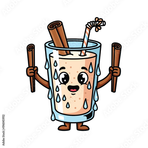 Cheerful cartoon horchata character holding cinnamon sticks, a popular sweet beverage illustration
