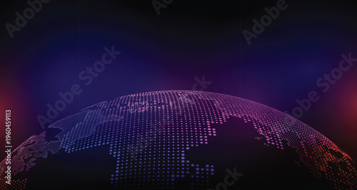 Digital globe world map with dotted world concept on blue and purple dark background for technology and global business  