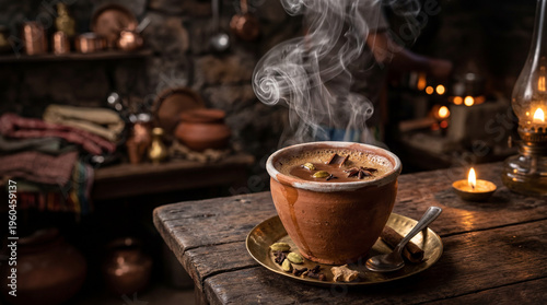 Hot Indian masala chai in clay cup with steam rising, aromatic spices and rustic setup, cozy traditional tea scene with warm moody lighting.