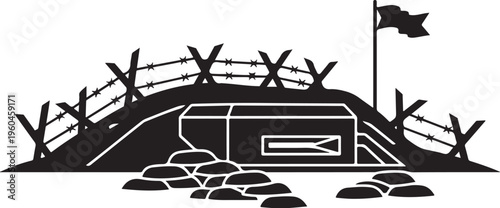 Bunker, military fortification, underground shelter, black silhouette, vector icon
