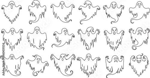 Halloween ghost faces, spooky illustrations, creepy designs, black and white icons