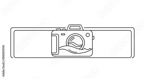 Iconic outline illustration of a camera capturing ocean waves within a sleek rectangular banner
