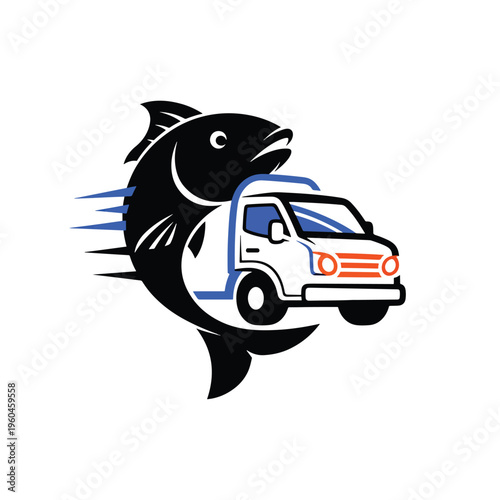 Dynamic graphic illustration of a fast fish and delivery truck, representing rapid fresh goods transport service.