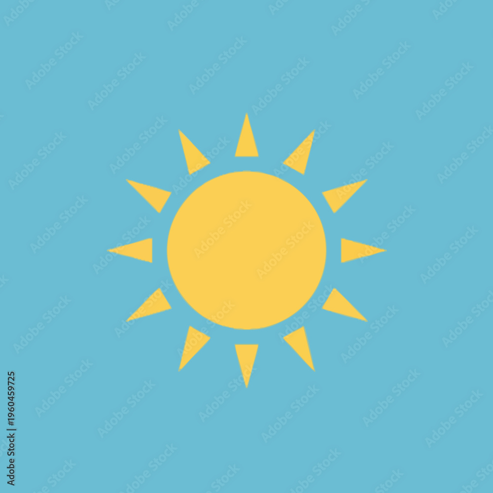 Fototapeta premium Simple yellow sun with pointed rays on a solid light blue background