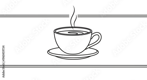 Minimalist line art illustration of a hot steaming coffee cup and saucer with decorative lines