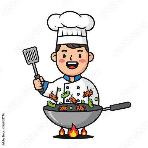 Happy cartoon chef preparing an exotic meal of edible insects and vegetables in a wok.