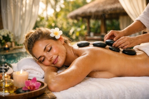 Woman, hot stone and spa massage for relax treatment at hotel resort for muscle tension, recovery or peace. Female person, sleeping and stress relief luxury for Bali holiday or calm, health or glow
