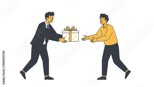 Businessmen exchanging gift box. Corporate reward, bonus, appreciation, or special present concept illustration.