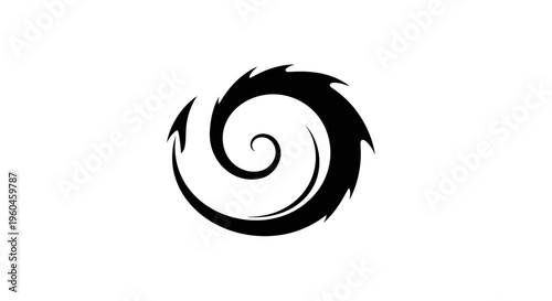 A black swirl logo on a white background with a minimalist design.
