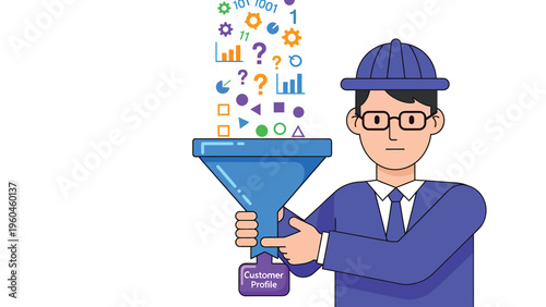 Man using a digital funnel to process diverse data into customer profiles. Business intelligence and data analysis concept.