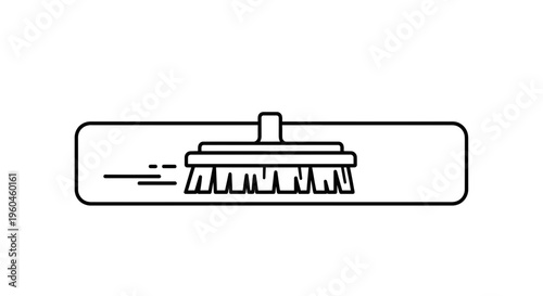 Dynamic black and white line art depicting a cleaning brush in motion within a rectangular frame