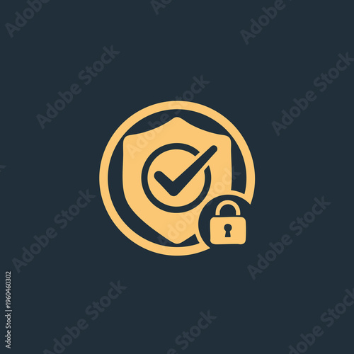 Yellow shield with checkmark and padlock on dark blue background