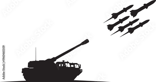 Military tank, war machine, silhouette, missiles, combat vehicle, black icon