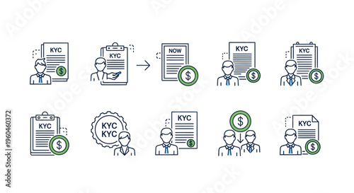KYC Know Your Customer Icon Set and Business Compliance Symbols