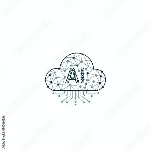 Abstract cloud with network nodes, connections, and "AI" text overlay