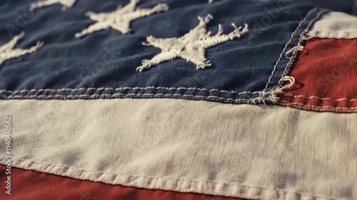 Closeup of a tattered american flag with white stars on blue field