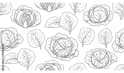 Cabbage natural vitamin food seamless pattern thin line vector illustration