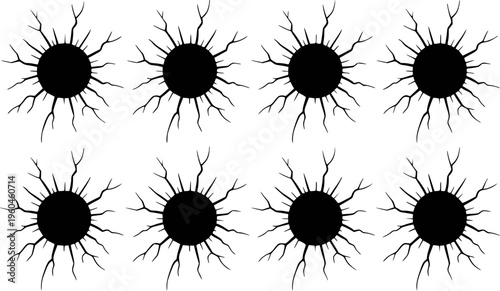 Black Cracked Sunburst Shapes Isolated White Background