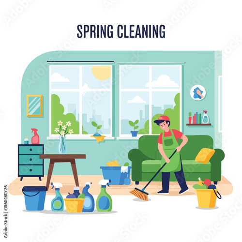 Person sweeping room for spring cleaning with supplies and sunny window view
