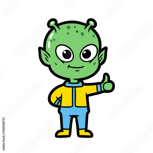 Cute cartoon alien giving a thumbs up gesture.