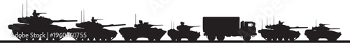 Military vehicles, army tanks, silhouette icons, black military equipment, transportation fleet