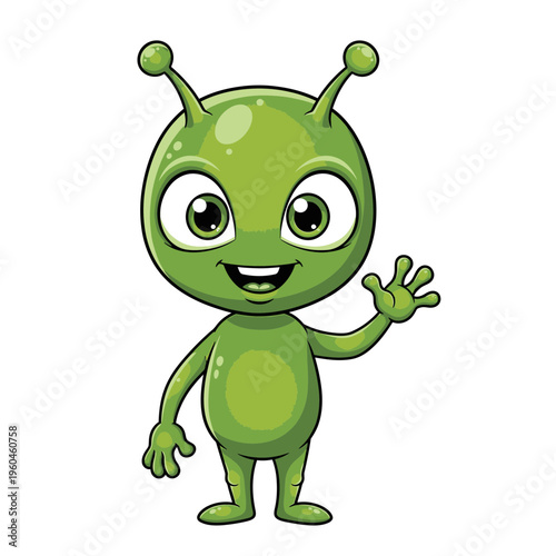 Cute cartoon green alien waving hello with big eyes.
