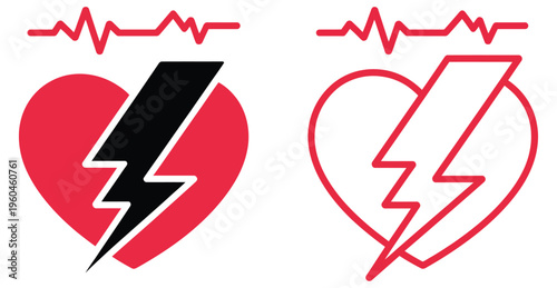 Cardiac care icon collection, heart with defibrillator and first aid symbols, representing emergency response, medical assistance, and life support vector