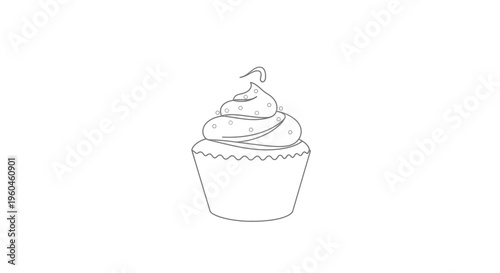Elegant single line art cupcake illustration with sprinkles and frosting swirl on a pristine white