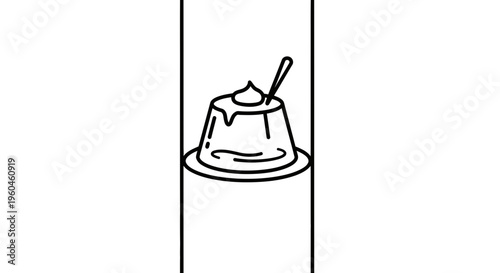 Minimalist black and white line art illustration of a sweet dessert pudding topped with cream and
