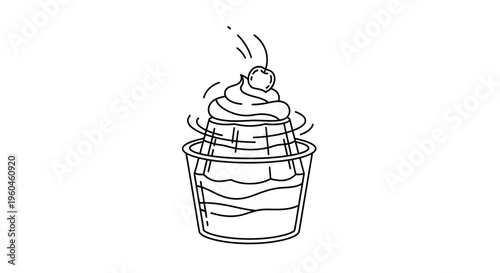 Outline drawing of a delightful layered dessert in a cup topped with whipped cream and a cherry