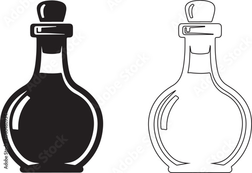 Black and white potion bottle icons, vector illustrations, stopper vials