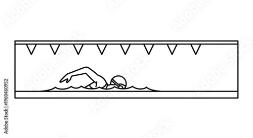 Dynamic black and white line art depicting a swimmer performing a powerful freestyle stroke in an