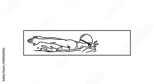 Dynamic black and white line art depicting a swimmer in cap and goggles performing the freestyle
