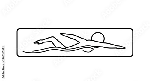 Minimalist black and white line art icon of a swimmer performing freestyle stroke for sports