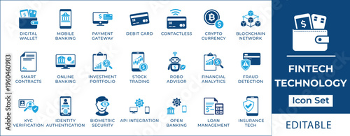 Fintech technology icon set featuring digital wallet, mobile banking, crypto currency, blockchain network, smart contracts, robo advisor, and financial analytics symbols
