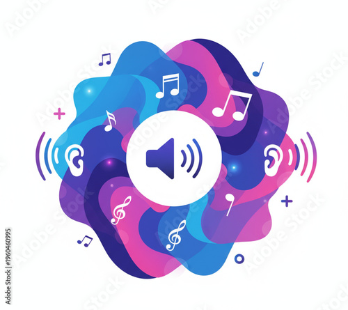 Vibrant abstract sound waves and music notes illustration conveying auditory experience and creative expression, a dynamic visual representation of audio perception