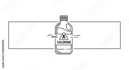 Outline vector illustration of a chlorine chemical bottle with hazardous warning symbol