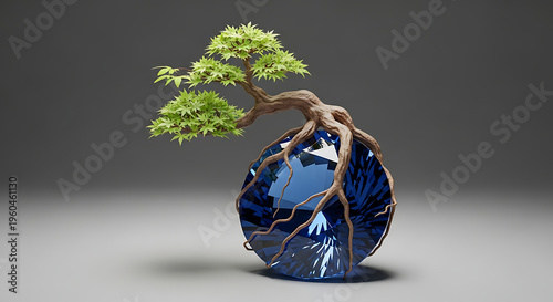 Artistic Green Bonsai Tree with Intricate Roots Grasping a Round Blue Cut Diamond Gemstone, Creative Surrealism and Metaphor of Nature Reclaiming Luxury, Botanical Zen Design Background