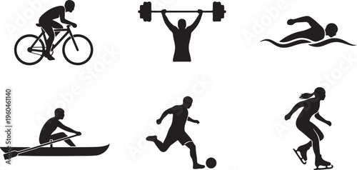 Sports icons, athletic silhouettes, fitness symbols, vector graphics